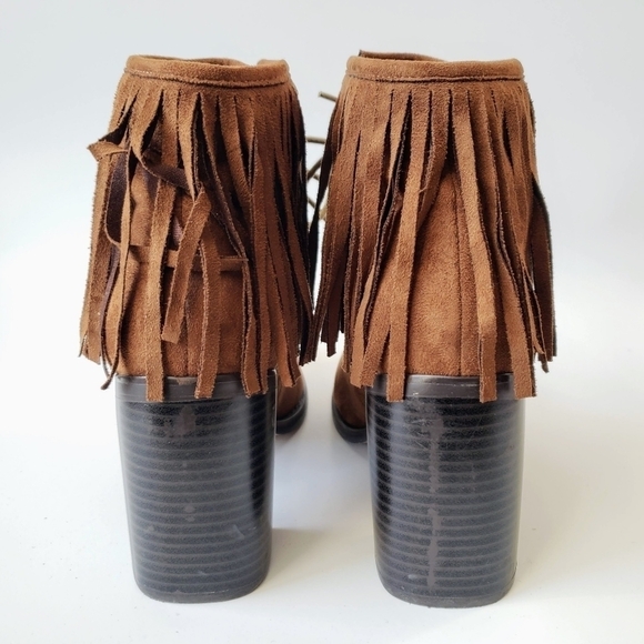 Anthropologie Vanessa Wu Brown Suede Fringed Lace Up Moccasin Booties Size 37 - Picture 9 of 11